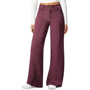 image:imageSidefeel Womens Wide Leg Jeans High Waisted Stretchy Straight Leg Jeans Trendy Seamed Front Loose Denim PantsBurgundy