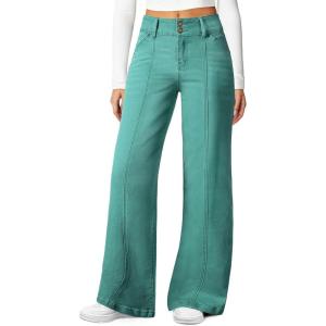 image:imageSidefeel Womens Wide Leg Jeans High Waisted Stretchy Straight Leg Jeans Trendy Seamed Front Loose Denim PantsLake Green