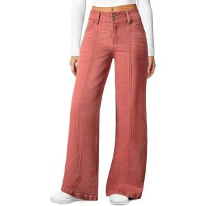 image:imageSidefeel Womens Wide Leg Jeans High Waisted Stretchy Straight Leg Jeans Trendy Seamed Front Loose Denim PantsMineral Red