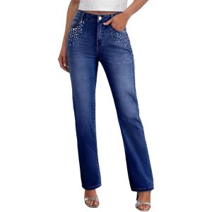 image:imageSidefeel Womens Straight Leg Jeans High Waisted Stretchy Rhinestone Wide Leg Denim PantsBluing