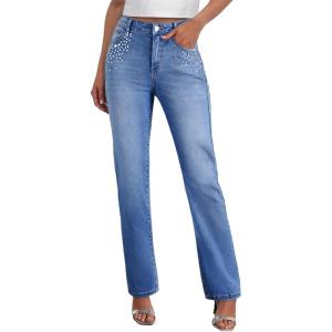 image:imageSidefeel Womens Straight Leg Jeans High Waisted Stretchy Rhinestone Wide Leg Denim PantsDark Blue