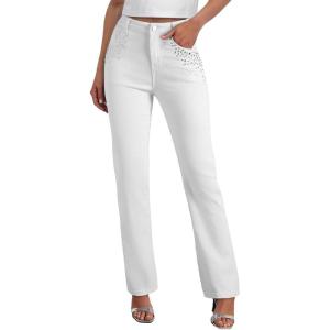 image:imageSidefeel Womens Straight Leg Jeans High Waisted Stretchy Rhinestone Wide Leg Denim PantsWhite