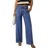 image:imageSidefeel Womens Wide Leg Jeans Low Waisted Stretchy Drawstring Button Down Denim PantsDark Blue