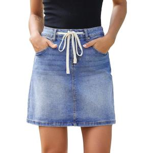 image:imageSidefeel Womens Jean Skirt High Waist Drawstring Stretchy Casual Summer Loose Fit Trendy Mini Denim Skirt with PocketsLight Blue