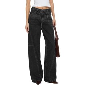 image:imageSidefeel Womens Wide Leg Jeans Low Waisted Stretchy Drawstring Button Down Denim PantsBlack