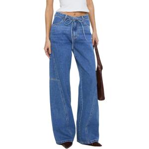 image:imageSidefeel Womens Wide Leg Jeans Low Waisted Stretchy Drawstring Button Down Denim PantsLight Blue