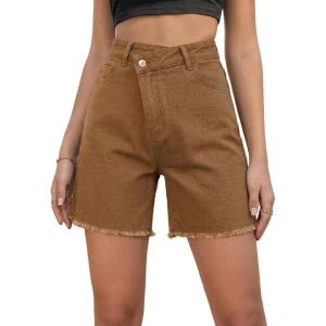 image:imageSidefeel Womens Jean Shorts High Waisted Stretchy Bermuda Raw Hem Denim Summer ShortsBrown