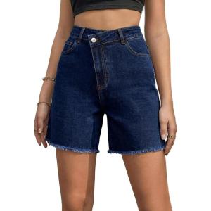 image:imageSidefeel Womens Jean Shorts High Waisted Stretchy Bermuda Raw Hem Denim Summer ShortsDark Blue
