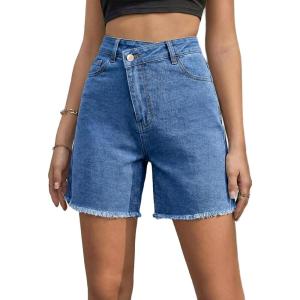 image:imageSidefeel Womens Jean Shorts High Waisted Stretchy Bermuda Raw Hem Denim Summer ShortsLight Blue