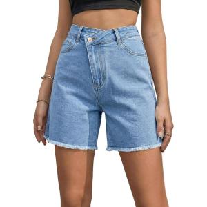 image:imageSidefeel Womens Jean Shorts High Waisted Stretchy Bermuda Raw Hem Denim Summer ShortsSky Blue