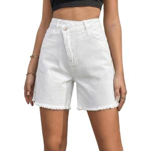 image:imageSidefeel Womens Jean Shorts High Waisted Stretchy Bermuda Raw Hem Denim Summer ShortsWhite