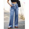 image:imageSidefeel Womens MidLow Rise Baggy Jeans Elastic Waist Drawtring Y2K Stretchy Wide Leg Cargo Boyfriend Oversized Denim PantsLight Blue