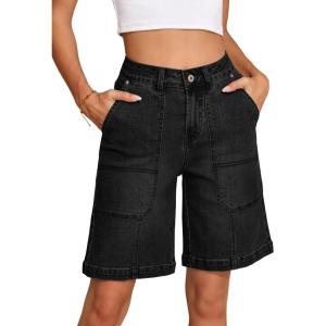image:imageSidefeel Womens Jean Shorts High Waisted Stretchy Wide Leg Bermuda Denim Shorts Casual Loose Fit Summer Jorts with PocketsBlack