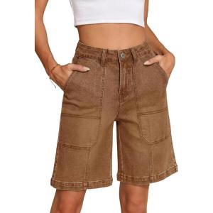image:imageSidefeel Womens Jean Shorts High Waisted Stretchy Wide Leg Bermuda Denim Shorts Casual Loose Fit Summer Jorts with PocketsBrown