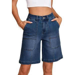 image:imageSidefeel Womens Jean Shorts High Waisted Stretchy Wide Leg Bermuda Denim Shorts Casual Loose Fit Summer Jorts with PocketsDark Blue