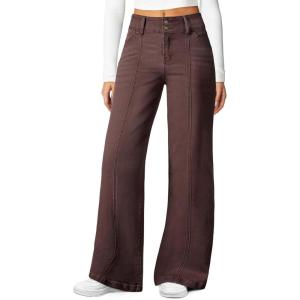 image:imageSidefeel Womens Wide Leg Jeans High Waisted Stretchy Straight Leg Jeans Trendy Seamed Front Loose Denim PantsCoffee