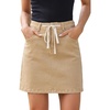 image:imageSidefeel Womens Jean Skirt High Waist Drawstring Stretchy Casual Summer Loose Fit Trendy Mini Denim Skirt with PocketsKhaki