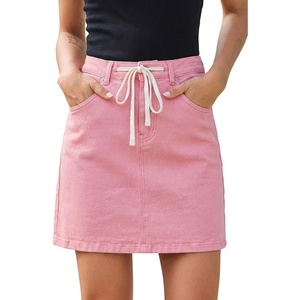 image:imageSidefeel Womens Jean Skirt High Waist Drawstring Stretchy Casual Summer Loose Fit Trendy Mini Denim Skirt with PocketsPink