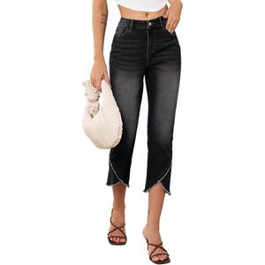 image:imageSidefeel Womens Jeans High Waisted Stretchy Cropped Skinny Jeans Trendy Cross Raw Hem Summer Capri Pants with PocketsBlack