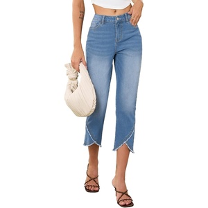 image:imageSidefeel Womens Jeans High Waisted Stretchy Cropped Skinny Jeans Trendy Cross Raw Hem Summer Capri Pants with PocketsIceland Blue
