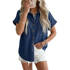 image:imageSidefeel Womens Button Down Denim Shirt Collared Short Sleeve Jean Shirt Blouse with PocketsDark Blue