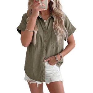 image:imageSidefeel Womens Button Down Denim Shirt Collared Short Sleeve Jean Shirt Blouse with PocketsGreen