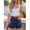 image:imageSidefeel Womens Jean Shorts Casual Summer High Waisted Stretchy Raw Hem Denim Shorts with PocketsDeep Blue