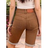 image:imageSidefeel Womens Jean Shorts High Waisted Stretchy Bermuda Folded Hem Denim Summer ShortsBrown