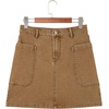 image:imageSidefeel Womens Jean Skirt High Waisted Stretchy Casual Denim Above Knee Skirts with Patch PocketsBrown