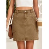 image:imageSidefeel Womens Jean Skirt High Waisted Stretchy Casual Denim Above Knee Skirts with Patch PocketsBrown