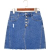 image:imageSidefeel Womens Jean Skirt Stretchy Ripped Frayed Button Fly Summer Denim SkirtDark Blue