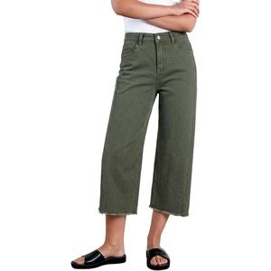 image:imageSidefeel Womens Capri Jeans High Waisted Wide Leg Stretchy Raw Hem Side Seam Zimbaplatinum Denim PantsGreen