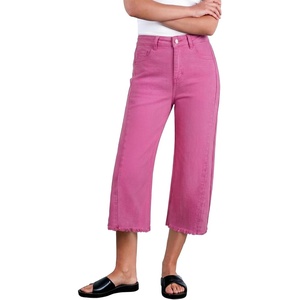 image:imageSidefeel Womens Capri Jeans High Waisted Wide Leg Stretchy Raw Hem Side Seam Zimbaplatinum Denim PantsHot Pink