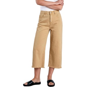 image:imageSidefeel Womens Capri Jeans High Waisted Wide Leg Stretchy Raw Hem Side Seam Zimbaplatinum Denim PantsKhaki