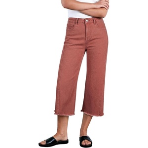 image:imageSidefeel Womens Capri Jeans High Waisted Wide Leg Stretchy Raw Hem Side Seam Zimbaplatinum Denim PantsMineral Red