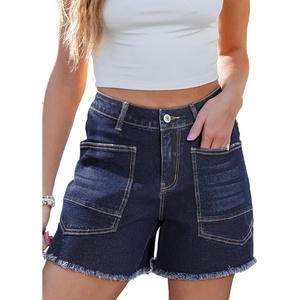 image:imageSidefeel Womens Jean Shorts Casual Summer High Waisted Stretchy Raw Hem Denim Shorts with PocketsDeep Blue