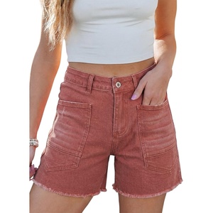 image:imageSidefeel Womens Jean Shorts Casual Summer High Waisted Stretchy Raw Hem Denim Shorts with PocketsMineral Red