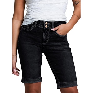 image:imageSidefeel Womens Jean Shorts High Waisted Stretchy Bermuda Folded Hem Denim Summer ShortsBlack