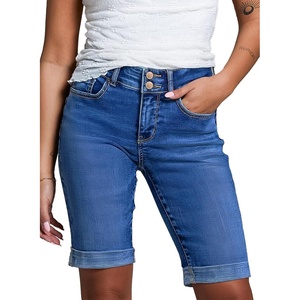image:imageSidefeel Womens Jean Shorts High Waisted Stretchy Bermuda Folded Hem Denim Summer ShortsBlue