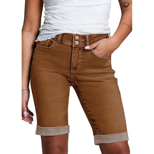 image:imageSidefeel Womens Jean Shorts High Waisted Stretchy Bermuda Folded Hem Denim Summer ShortsBrown