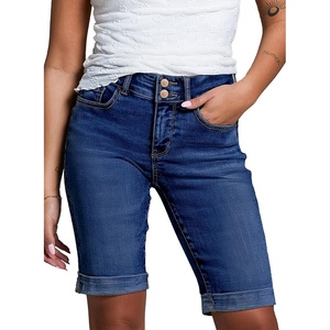 image:imageSidefeel Womens Jean Shorts High Waisted Stretchy Bermuda Folded Hem Denim Summer ShortsDark Blue
