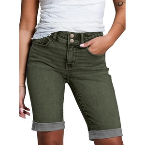 image:imageSidefeel Womens Jean Shorts High Waisted Stretchy Bermuda Folded Hem Denim Summer ShortsGreen