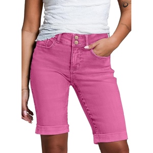 image:imageSidefeel Womens Jean Shorts High Waisted Stretchy Bermuda Folded Hem Denim Summer ShortsHot Pink