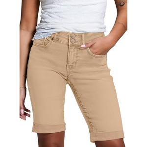 image:imageSidefeel Womens Jean Shorts High Waisted Stretchy Bermuda Folded Hem Denim Summer ShortsKhaki