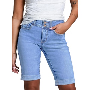 image:imageSidefeel Womens Jean Shorts High Waisted Stretchy Bermuda Folded Hem Denim Summer ShortsLight Blue