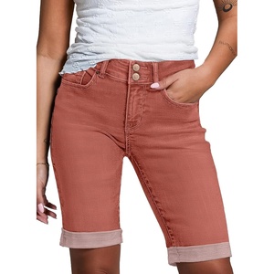 image:imageSidefeel Womens Jean Shorts High Waisted Stretchy Bermuda Folded Hem Denim Summer ShortsMineral Red