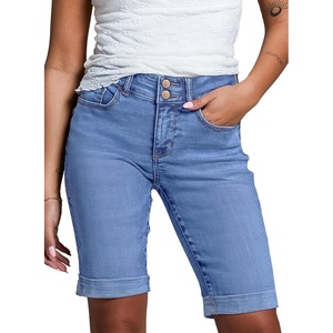 image:imageSidefeel Womens Jean Shorts High Waisted Stretchy Bermuda Folded Hem Denim Summer ShortsSky Blue