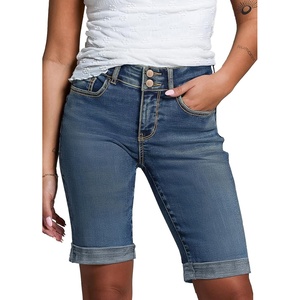 image:imageSidefeel Womens Jean Shorts High Waisted Stretchy Bermuda Folded Hem Denim Summer ShortsVintage Blue