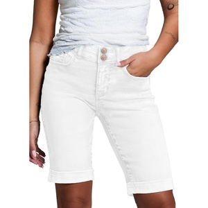 image:imageSidefeel Womens Jean Shorts High Waisted Stretchy Bermuda Folded Hem Denim Summer ShortsWhite