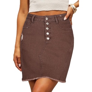 image:imageSidefeel Womens Jean Skirt Stretchy Ripped Frayed Button Fly Summer Denim SkirtCoffee